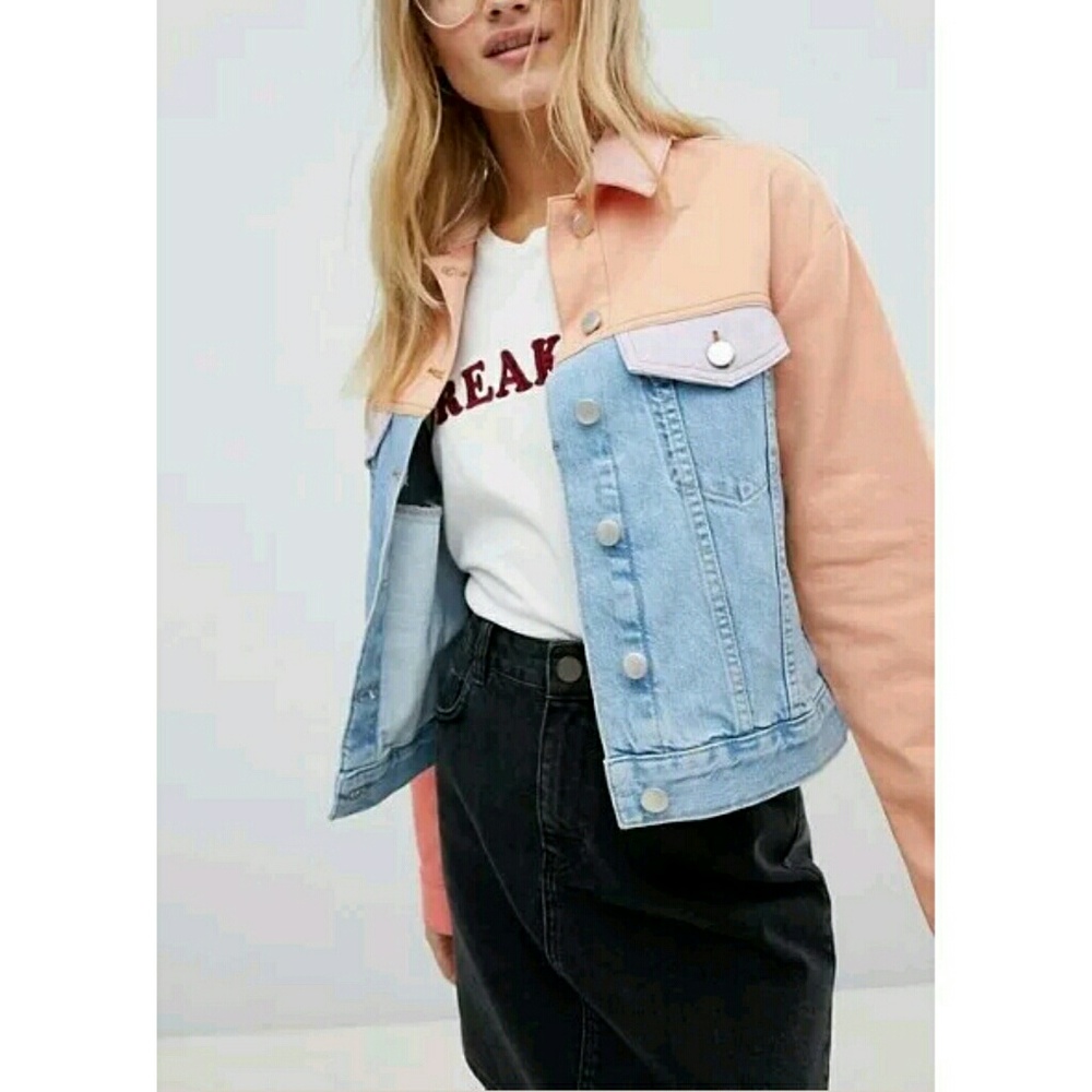 ASOS button front denim jean jacket in colorblock